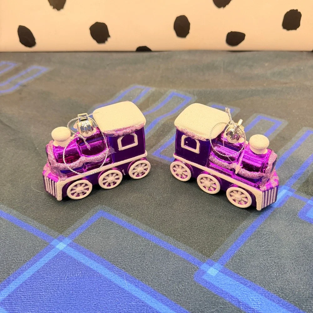 Purple Foil Christmas Train Ornaments Set of 2 Shiny Locomotive Decor 3.5